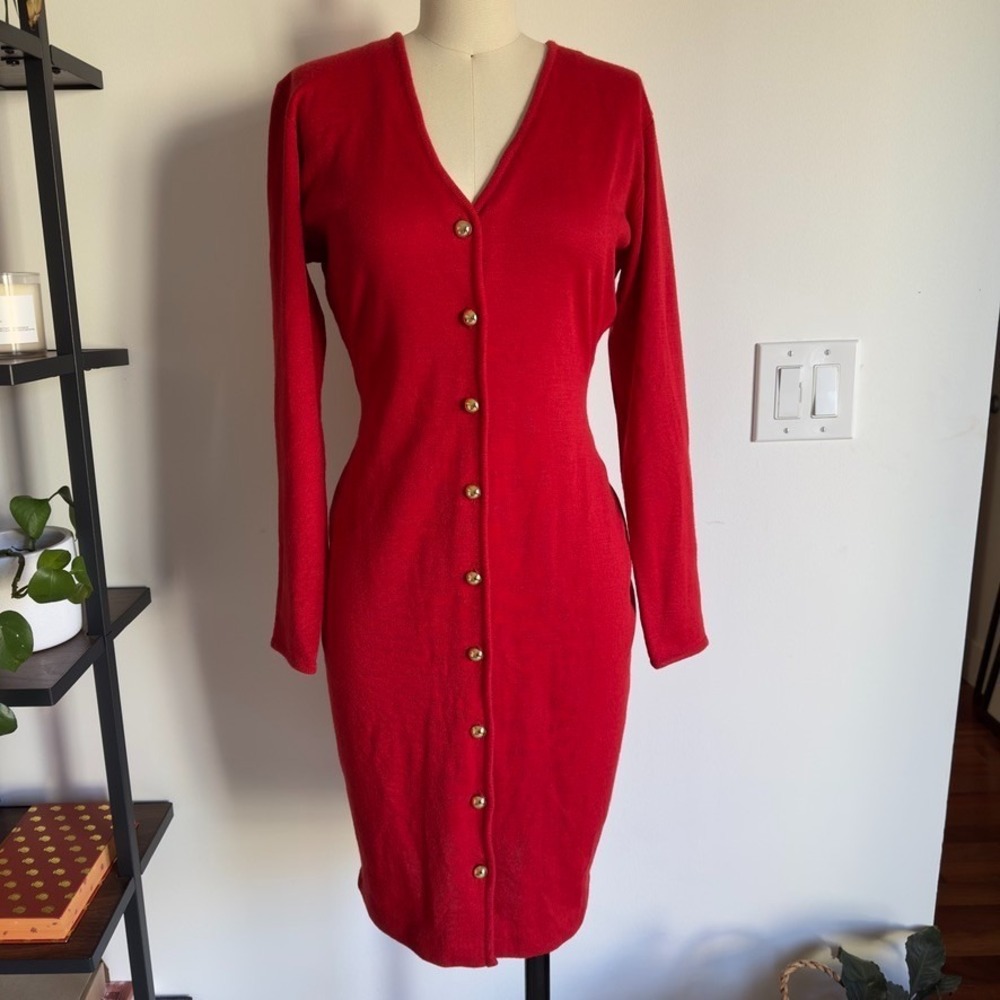 VTG Adele Joyce Wool Blend Fitted Knit Button Up Dress-Red W/ Gold‎ Buttons-Sz M
